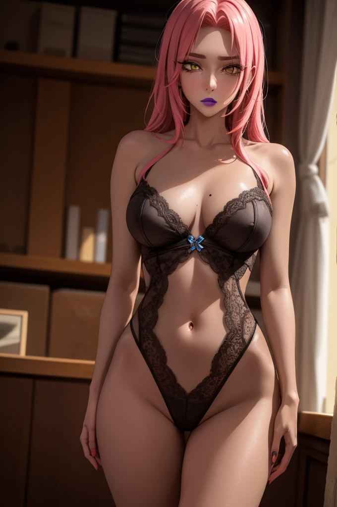 (masterpiece, highres, high quality:1.2), intricate details, cinematic lighting, sharp focus, depth of field, Ingrid, 1girl, mature female, (dark-skinned female:1.1), dark skin, standing pose, seductive expression, ((cowboy shot:1.4)), looking at viewer, bedroom, caring, seductive, kind, [pink|red] hair, very long hair, hair intakes, makeup, lipstick, (mole under mouth:0.8), eyelashes, yellow eyes, ultra detailed eyes, ultra detailed face, ultra detailed lips, ultra detailed lipstick, ultra detailed makeup, posing, beautiful pose, (solo:1.4),