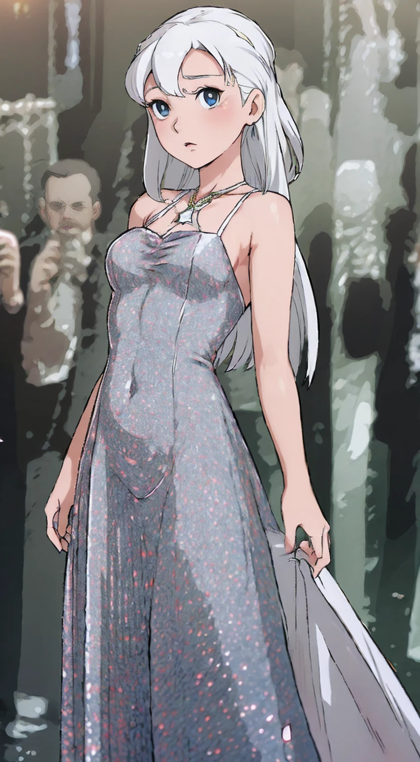 masterpiece, highest quality, (solo focus), (perfect face:1.1), (high detail:1.1), (hyper detailed eyes), dramatic, a guy with pale skin and long voluminous white hair, white eyes, solo, long hair, Sephiroth, moon, night, white luxury suit, covered navel, pouty lips, fur, arrogant expression, Rose Garden, detailed background, art by artgerm, cinematic lighting, roses, fashion, BalenciagaStyle