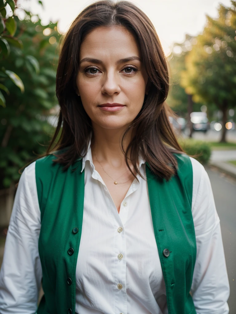Photorealistic business portrait of a middle-aged woman. Photo taken with a Canon R6 camera and a 50mm 1.2 lens. The main octa light comes from the upper right corner. The background is green, she is wearing a red jacket and a white shirt