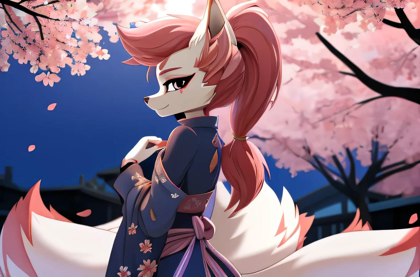 kimiko, furry female anthro, fox girl, white body fur, Pink hair, multiple tails, multi tail, solo, body fur, (best quality), cinematic lighting, anime style, short ponytail, 2D, detailed background, best quality, ultra detail, good lighting, solo, high quality, detailed body, masterpiece, glistening body, shiny body, detailed body fur, best quality, perfect lighting, perfect shadows, perfect hair, perfect face, gorgeous body, clear sky, background of falling sakura petals, cherry blossoms, turned her back to the viewer, umbrella in his hands on his shoulder, the face is not visible, kimono
