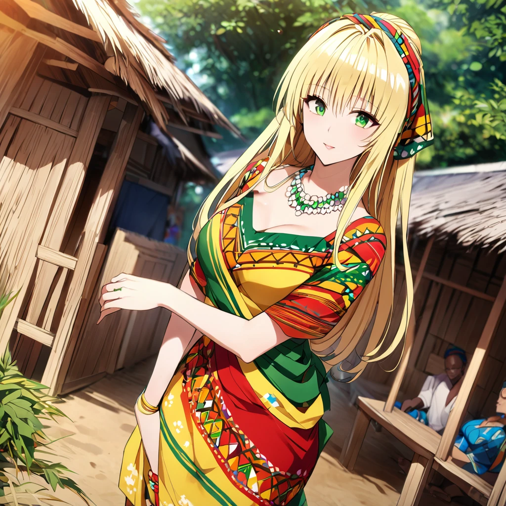 ((Highest quality)), ((masterpiece)), (detailed), (Perfect Face)、A woman is wearing a colorful Ghanaian dress, a colorful headscarf, gorgeous jeweled accessories and an engagement ring in a Ghanaian village in Tiare.、The woman is an elegant Tiare with green eyes and medium-long blonde hair. She is wearing a colorful Ghanaian dress and a colorful headscarf.