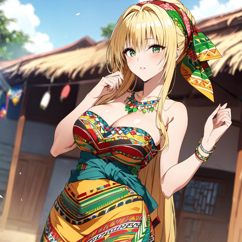 ((Highest quality)), ((masterpiece)), (detailed), （Perfect Face）、A woman is wearing a colorful Ghanaian dress, a colorful headscarf, gorgeous jeweled accessories and an engagement ring in a Ghanaian village in Tiare.、The woman is an elegant Tiare with green eyes and medium-long blonde hair. She is wearing a colorful Ghanaian dress and a colorful headscarf.