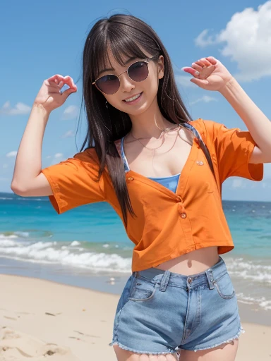 Japanese female, a lot of details, (underweight), 30 years old, detailed black hair, beautiful detailed hair, super fucking beautiful, delicate beautiful face, complex details beautiful and delicate eyes, perfect hands, (flat chest best quality:1.5), perfect and delicate limbs, detailed skin, best quality, ultra-detailed,(cheerful grin:1.3),
beach, walking, wavy hair, (orange aloha shirt), (white shorts), (round frame sunglasses), blue sky and shining lights, (full body shot), low angle shot, midday