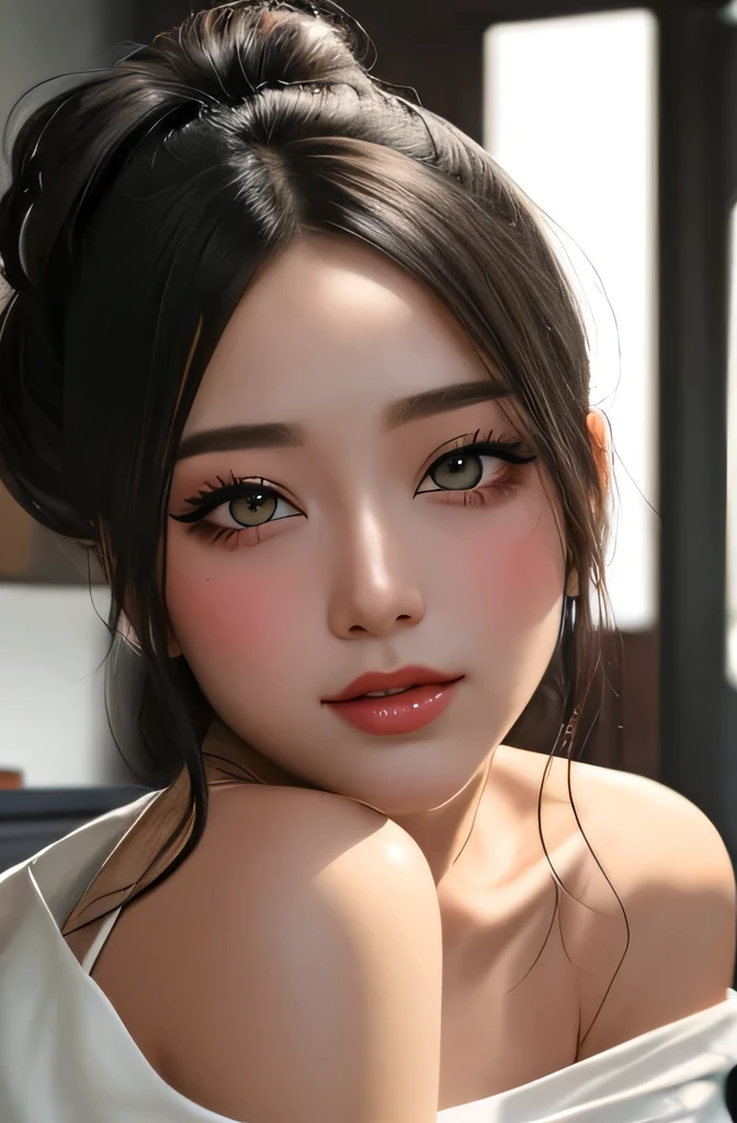 Amazing portrait of a sexy woman with a beautiful face emphasised by amazing makeup and black hair and seductive eyes in an intense gaze with her mouth parted and a deep blush on her face as she's flustered wearing an off shoulder t shirt