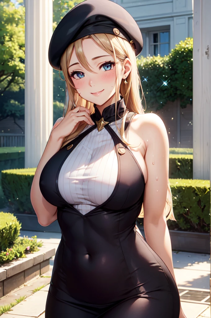 (high quality, High resolution, Fine details), Realistic, woman wearing a beret, Graceful and confident posture, Natural light, Outdoor Scene, Calm and peaceful atmosphere, alone, Curvy Women, Sparkling eyes, (Fine grain), smile, blush, Sweat, Oily skin, Shallow depth of field