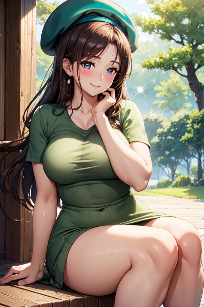 (high quality, High resolution, Fine details), Realistic, woman wearing a beret, Graceful and confident posture, Natural light, Outdoor Scene, Calm and peaceful atmosphere, alone, Curvy Women, Sparkling eyes, (Fine grain), smile, blush, Sweat, Oily skin, Shallow depth of field