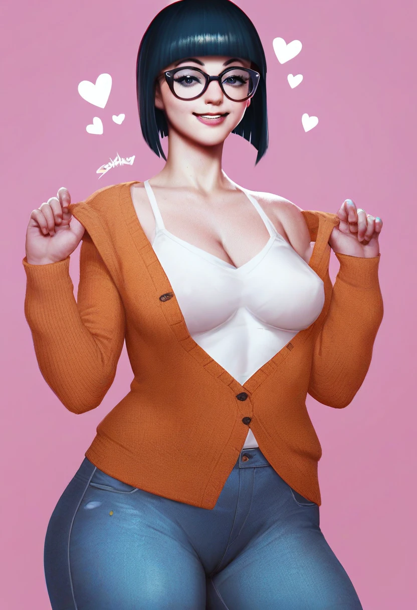 score_9, score_8_up, score_7_up, score_6_up, score_5_up, score_4_up, BREAK source_anime,rating_risky,a girl, curvy, pale skin, glasses. wearing cardigan and jeans, motherly smile, hime-cut hair, hearts in background, medium breasts,