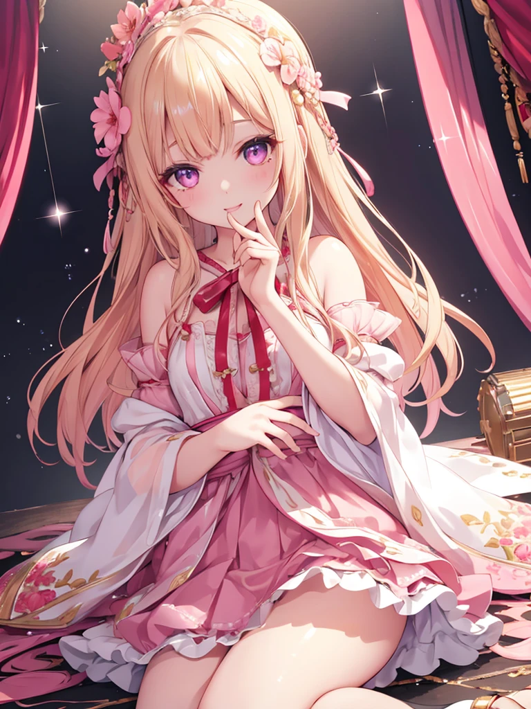 One Girl、Looking at the audience、
Beautiful pink eyes、Blonde long hair,Mole under the eye、Plump and glossy lips、Heart-shaped choca、idol、Her name is Rico,smile、3d、Realistic、
idol衣装、Short skirt,Drape clothes、gem、florals、lace trim,On a glittering stage、
masterpiece、highest quality、8K、Detailed skin texture、Detailed cloth texture、Beautifully detailed face、Intricate details、Very detailed、
超A high resolution、8K Ultra HD、Film Grain、Best Shadow、delicate、Gazing at the audience、front