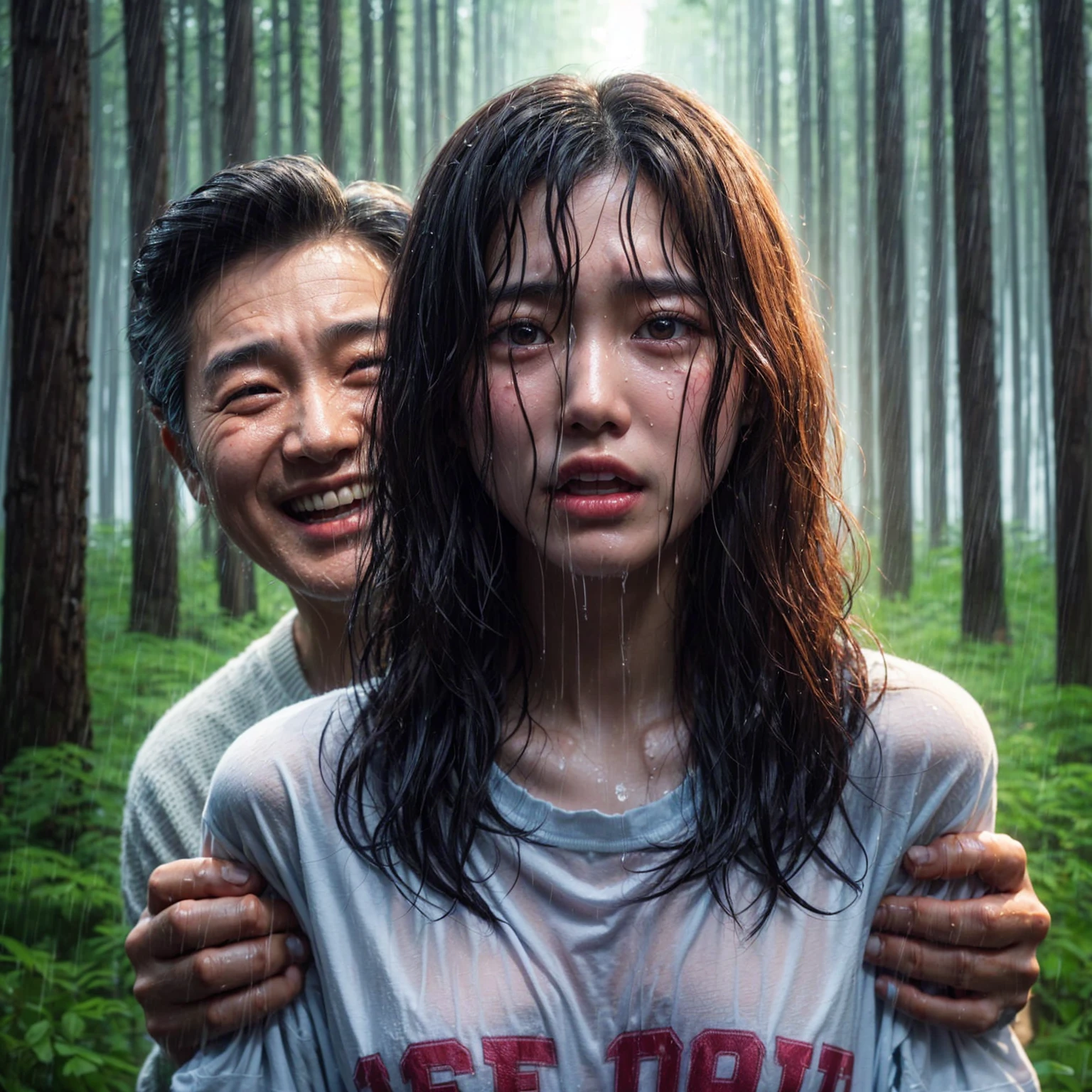 "A beautiful -yeld Kon woman, crying, caught in the rain with wet clothes, wearing a t-shirt, wavy bob hair, being grabbed from behind by a 40-year-old Indonesian man with a creepy smile. The background shows a forest scene with tall trees, realistic."