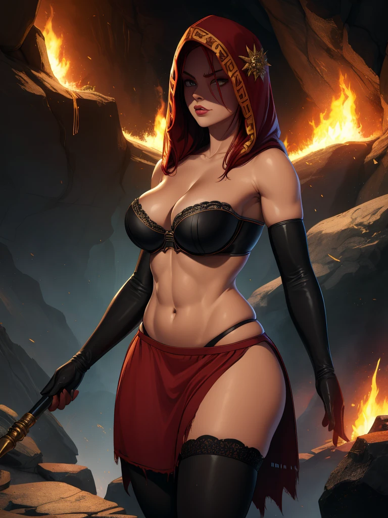 Dsorceress, redhair, shadowy face,dark cave, fire, hood, shadowed face, strapless bra, slim and athletic body, miniskirt, no panty, elbow gloves, dark skin, 1 girl (insanely detailed, masterpiece, best quality)