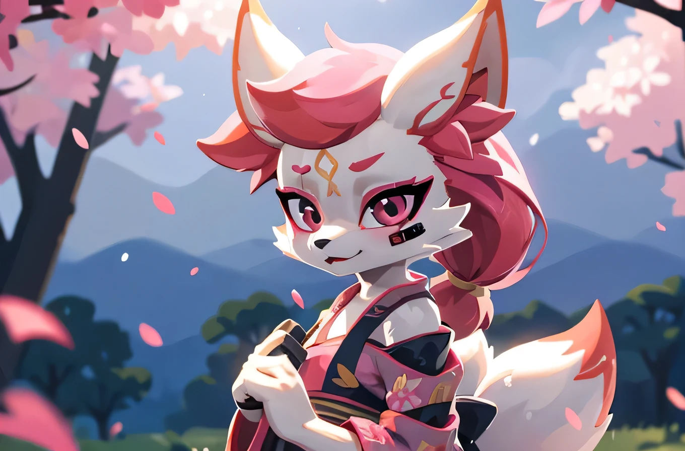 kimiko, furry female anthro, fox girl, white body fur, Pink hair, multiple tails, multi tail, solo, body fur, (best quality), cinematic lighting, anime style, short ponytail, 2D, detailed background, best quality, ultra detail, good lighting, solo, high quality, detailed body, masterpiece, glistening body, shiny body, detailed body fur, best quality, perfect lighting, perfect shadows, perfect hair, perfect face, gorgeous body, clear sky, background of falling sakura petals, cherry blossoms, turned her back to the viewer, umbrella in his hands on his shoulder, the face is not visible, kimono