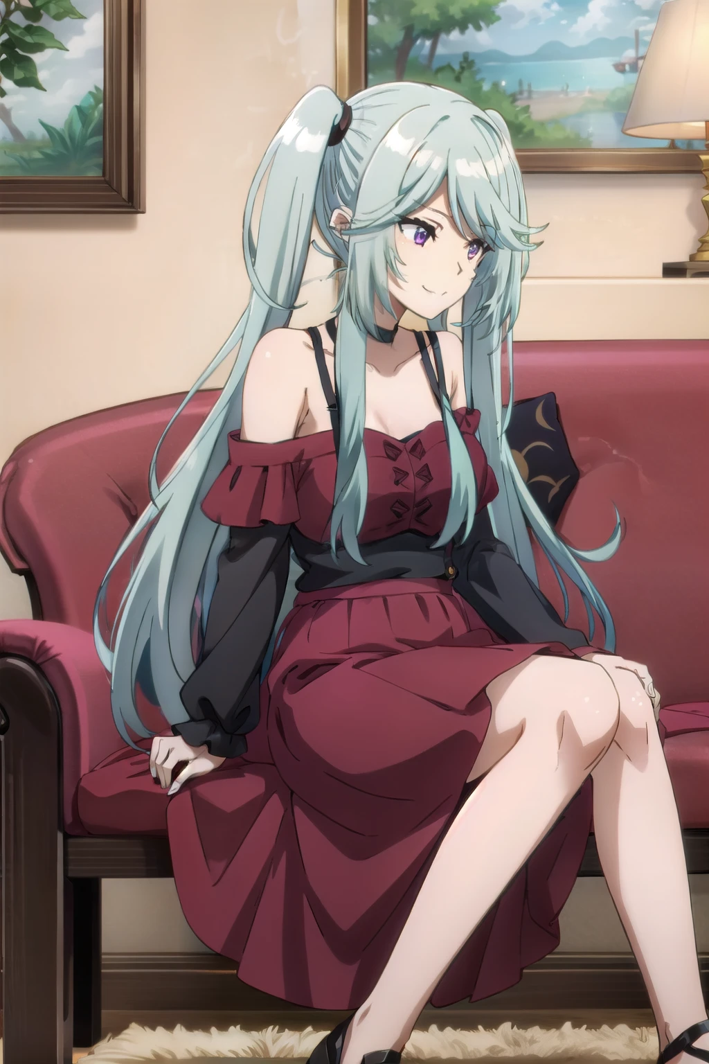 One girl, Purple eyes, Blue Hair, Twin tails, Side Lock, Long Hair, very Long Hair, bangs, expensive body, Long legs, smile, White Off-shoulder top, (red  tiered skirt: 1.3), medium breastst, bangs, Mouth closed, full body,  full body, (sit sofa), dutch angle, night, faint light, indoors, living room, on the couch