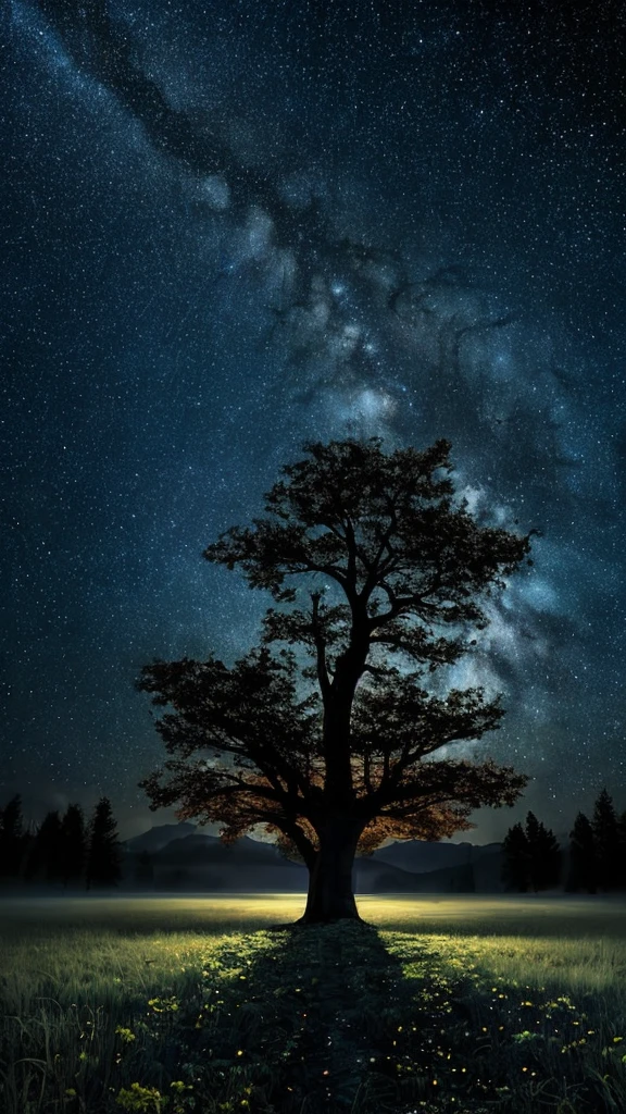 Mysterious night landscape There is a tree in the middle Starry Sky