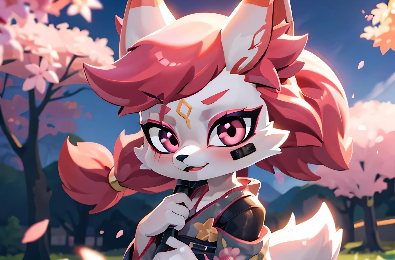kimiko, furry female anthro, fox girl, white body fur, Pink hair, multiple tails, multi tail, solo, body fur, (best quality), cinematic lighting, anime style, short ponytail, 2D, detailed background, best quality, ultra detail, good lighting, solo, high quality, detailed body, masterpiece, glistening body, shiny body, detailed body fur, best quality, perfect lighting, perfect shadows, perfect hair, perfect face, gorgeous body, clear sky, background of falling sakura petals, cherry blossoms, turned her back to the viewer, umbrella in his hands on his shoulder, the face is not visible, kimono