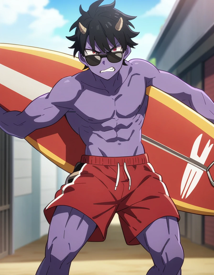 1 chico, purple skin boy, wearing sunglasses, black hair with small horns, shirtless, athletic and fit body, anime cartoon, grimace of annoyance, boy looking at viewer, red beach shorts, stocky body, holding surfboard, Masterpiece, Best Quality, very aesthetic, absurdities