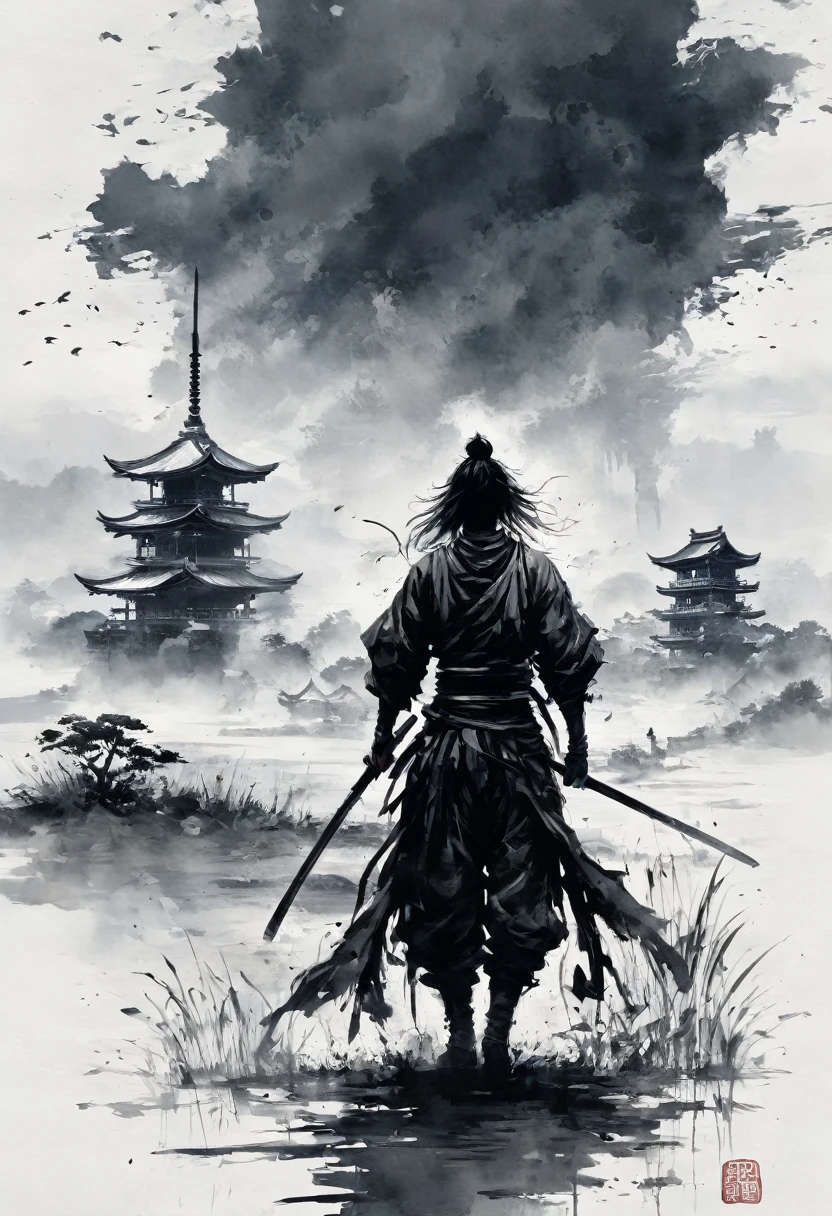 Black and white painting,Ink Painting,male、splash,Disheveled long hair、,He carries a Japanese sword on his waist.,Standing in the grassland