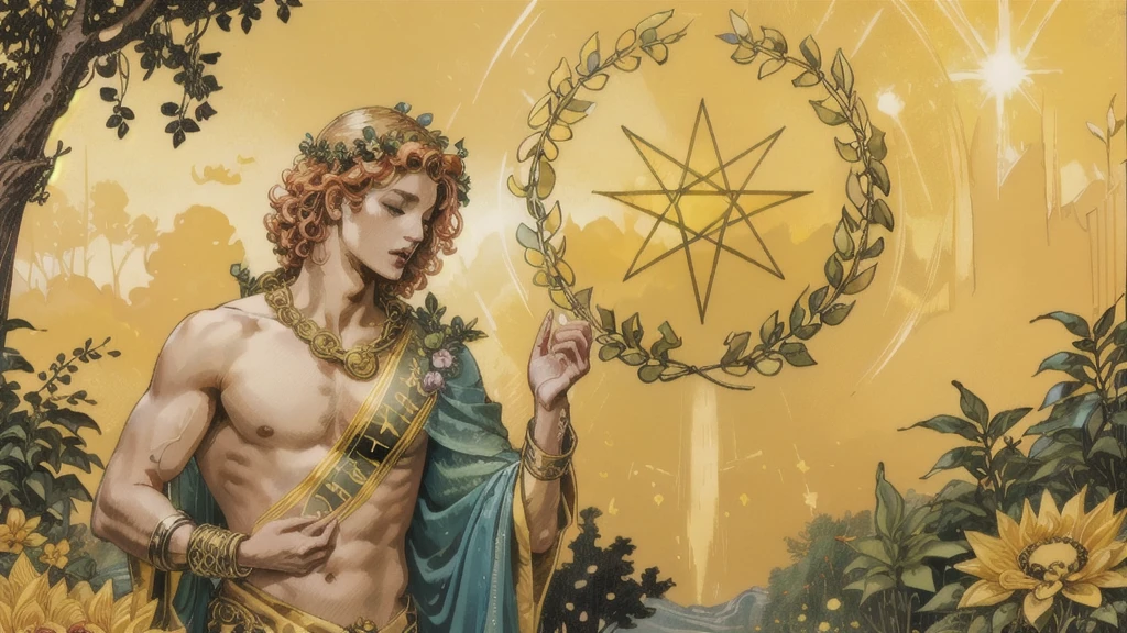 (top quality, masterpiece), (Tarot, Tarot card,:1.1) : Caring figure, surrounded by symbols of abundance and healing.. Drawing a male Apollo in a lush garden., Short curls, laurel wreath on the head, Exudes trusting energy、Surrounded by nature, Golden, upper body, Gold Frame