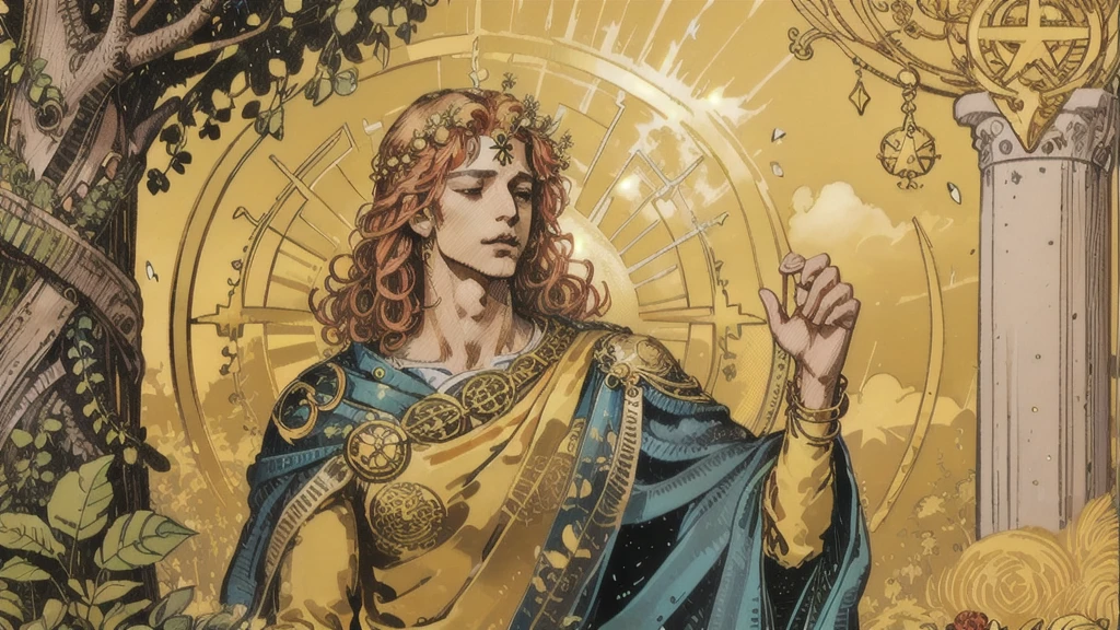 (top quality, masterpiece), (Tarot, Tarot card,:1.1) : Caring figure, surrounded by symbols of abundance and healing.. Drawing a male Apollo in a lush garden., Short curls, laurel wreath on the head, Exudes trusting energy、Surrounded by nature, Golden, upper body, Gold Frame