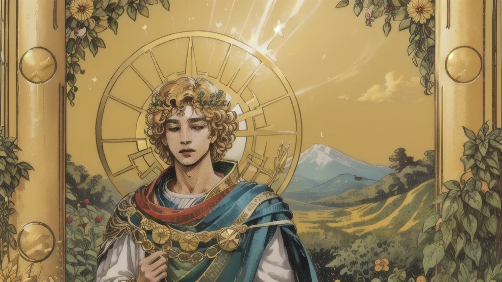 (top quality, masterpiece), (Tarot, Tarot card,:1.1) : Caring figure, surrounded by symbols of abundance and healing.. Drawing a male Apollo in a lush garden., Short curls, laurel wreath on the head, Exudes trusting energy、Surrounded by nature, Golden, upper body, Gold Frame