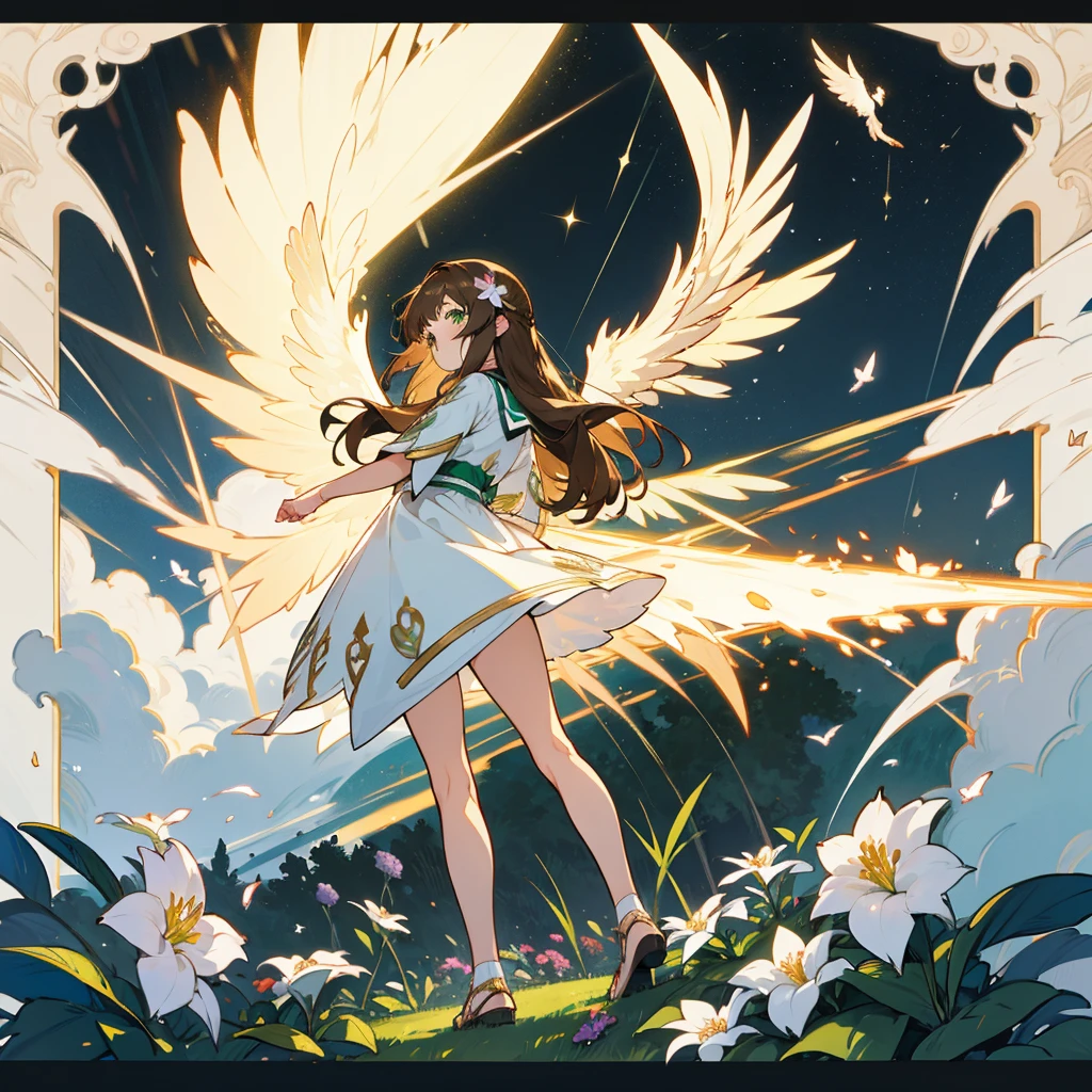 brown hair, long hair, straight hair, kawaii, anime, Cute, hyper quality, highly detailed, full body, 16k, green eyes, private clothes, wings of light on the back of body, one girl, nature background, moonlight, Meteor shower, light effects, one brown bird, highlight, flower garden, garden