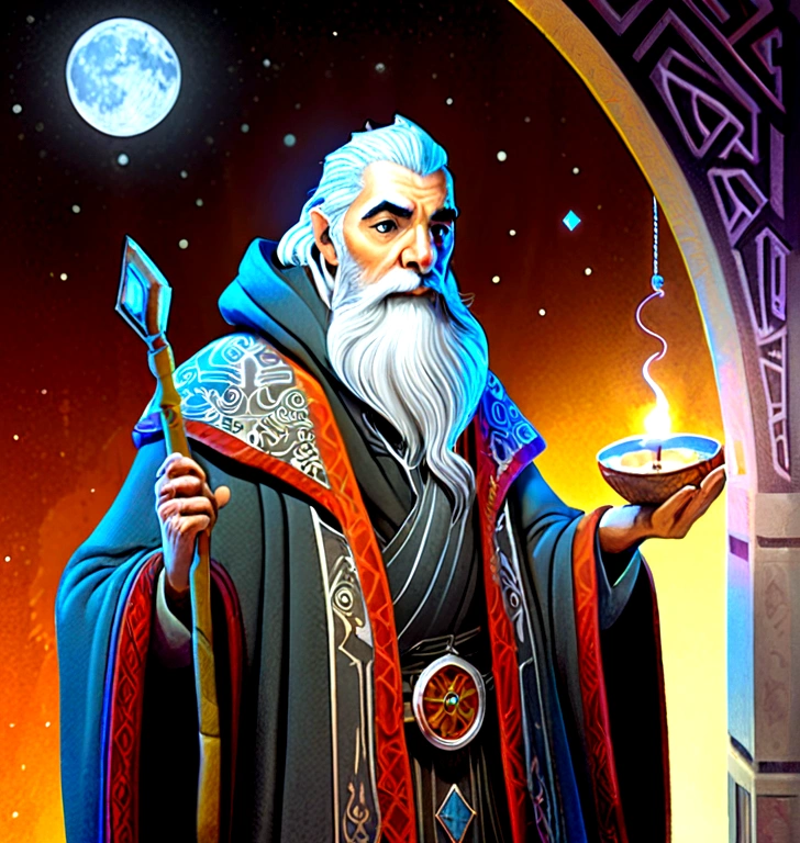 mysterious Astrologer, by Gris Grimly, full body, cinematic still, cinemascope, best quality, masterpiece, very aesthetic, perfect composition, intricate details, ultra-detailed, vivid colors, gray wizard robes, shirt trimmed beard, gray hair,
