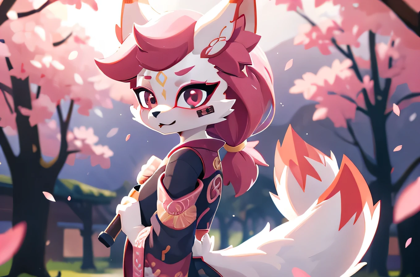 kimiko, furry female anthro, fox girl, white body fur, Pink hair, multiple tails, solo, body fur, (best quality), cinematic lighting, short ponytail, masterpiece, perfect hair, background of falling sakura petals, cherry blossoms, turned her back to the viewer, umbrella in his hands on his shoulder, the face is not visible, kimono