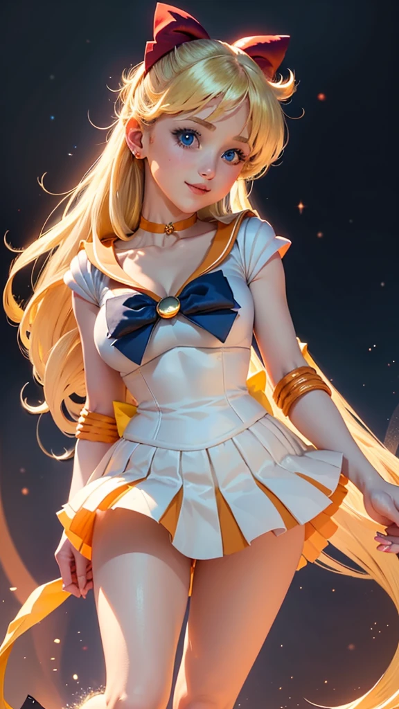 Create a highly detailed image of a character inspired by Sailor Venus from the Sailor Moon series. She is standing confidently, showcasing her iconic sailor scout uniform. The uniform includes a pristine white bodice with a large, vibrant orange bow at the chest, and a orange collar adorned with white stripes. Her skirt is a bright yellow, pleated and flowing. Instead of her usual white socks, she is wearing elegant, sheer black stockings that highlight her legs and add a sophisticated touch to her outfit. She also wears white gloves that extend to her elbows, each accented with a small orange bow. Her long, flowing blonde hair is styled with a prominent red bow on top. She has striking blue eyes, a confident smile, and her signature red bow earrings. The background features a vivid night sky filled with twinkling stars and a crescent moon, enhancing the magical and celestial theme of the series. The overall style should emphasize the details of her outfit, making it the focal point of the image.