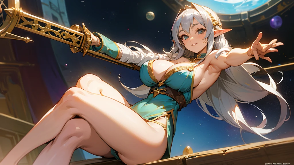 Anime Style,Nostalgic,Detailed background,The medieval world,Space Beach,A beautiful silver-haired smiling bard elf,Large Breasts,Healthy thighs,Underarm,M-shaped legs