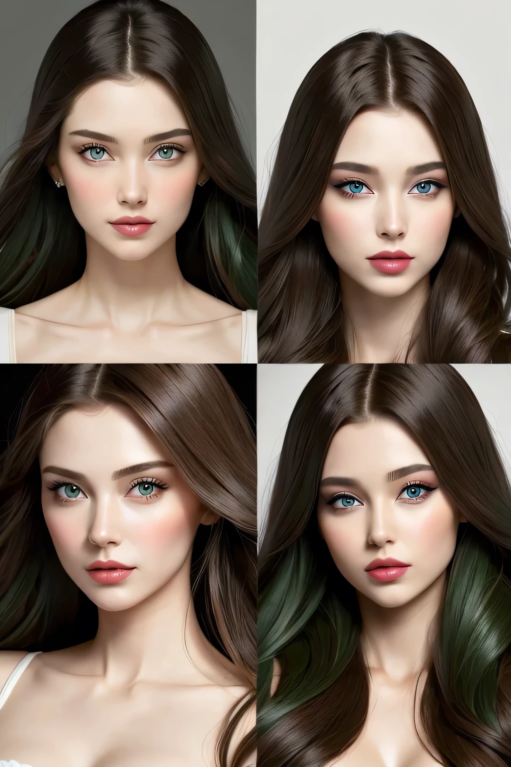Create a feminine face from the front with the maximum beauty ever created according to the beauty standards of the two most beautiful women in the world today style Russian features with full lips and beautiful green eyes