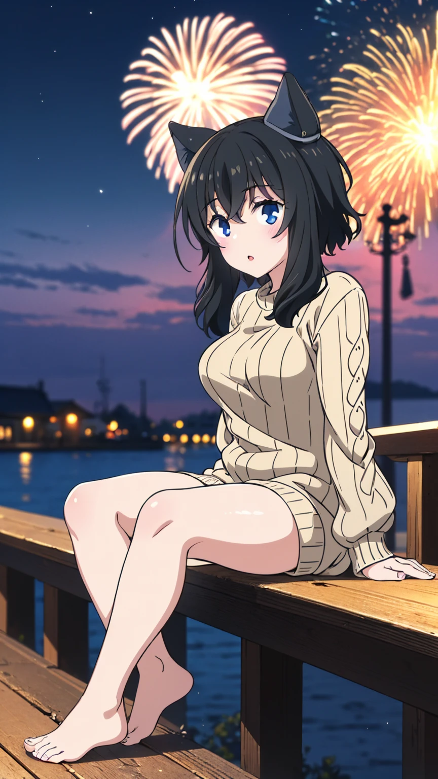 masterpiece, top quality, 1 girl, Fran (Reincarnated As A Sword), high detail eyes, High lip detail, gloss lips, black short hair, animal ears, blue eyes, hip-length knitted sweater, bare legs, barefoot, night, Celebration atmosphere, fireworks in the sky, sit on the pier