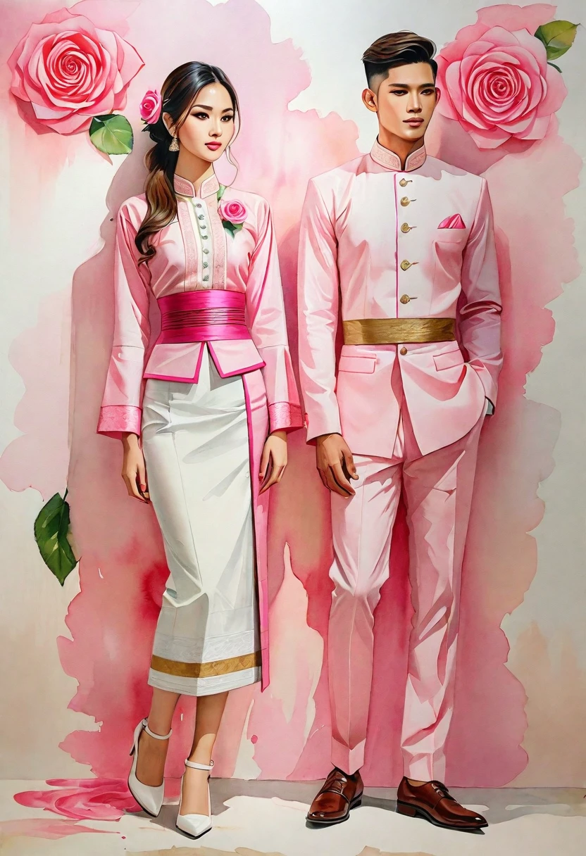candid fashion illustration of two young man and women, 20-27 year old, adorned in a meticulously crafted North Thai Lanna traditional costume, ((showcase in cotton handwoven outfit in pink)), simple elegant style, The man wears a simple long-sleeved white mandarin collar suit, paired with Tailor pants, and oxford shoes, The woman complements him with ankle-length pencil skirt, with simple minimal patterns details, fitted intricately decorated (waist-length blouse) that complements the skirt,  Captured in full-body image, standing, ((the imperfect rose water-color backdrop)), sketching, realistic drawing, imperfect water color painting, fashion look book, fashion illustrator, sketch design, the image boasts high-quality, Lanna style, North Thai traditional costume, natural pink.