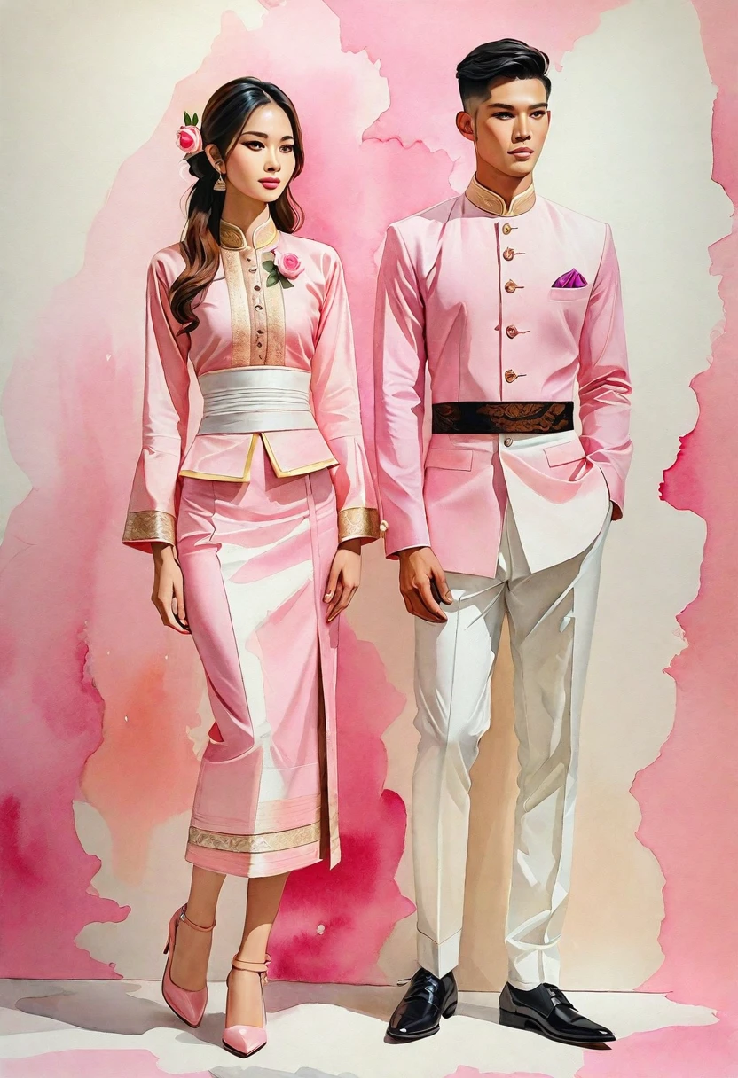 candid fashion illustration of two young man and women, 20-27 year old, adorned in a meticulously crafted North Thai Lanna traditional costume, ((showcase in cotton handwoven outfit in pink)), simple elegant style, The man wears a simple long-sleeved white mandarin collar suit, paired with Tailor pants, and oxford shoes, The woman complements him with ankle-length pencil skirt, with simple minimal patterns details, fitted intricately decorated (waist-length blouse) that complements the skirt, Captured in full-body image, standing, ((the imperfect rose water-color backdrop)), sketching, realistic drawing, imperfect water color painting, fashion look book, fashion illustrator, sketch design, the image boasts high-quality, Lanna style, North Thai traditional costume, natural pink.