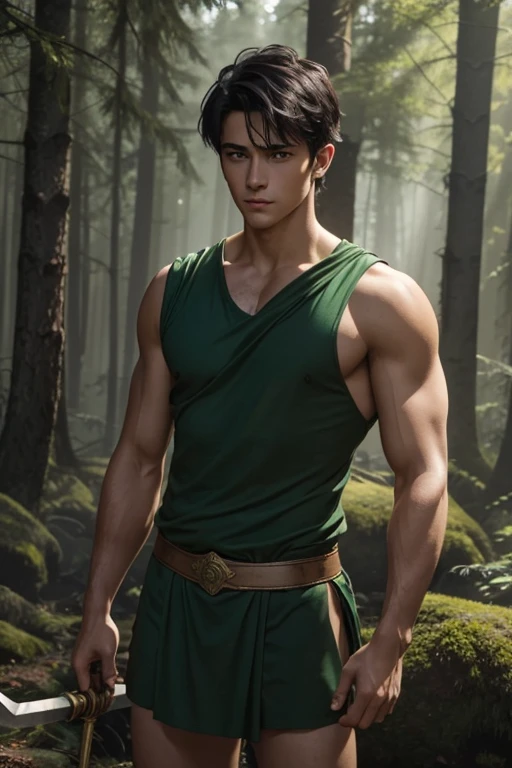 Very handsome hunky ager, shirtlesss wearing very short green Roman tunic and holding spear, very short black hair, forest background