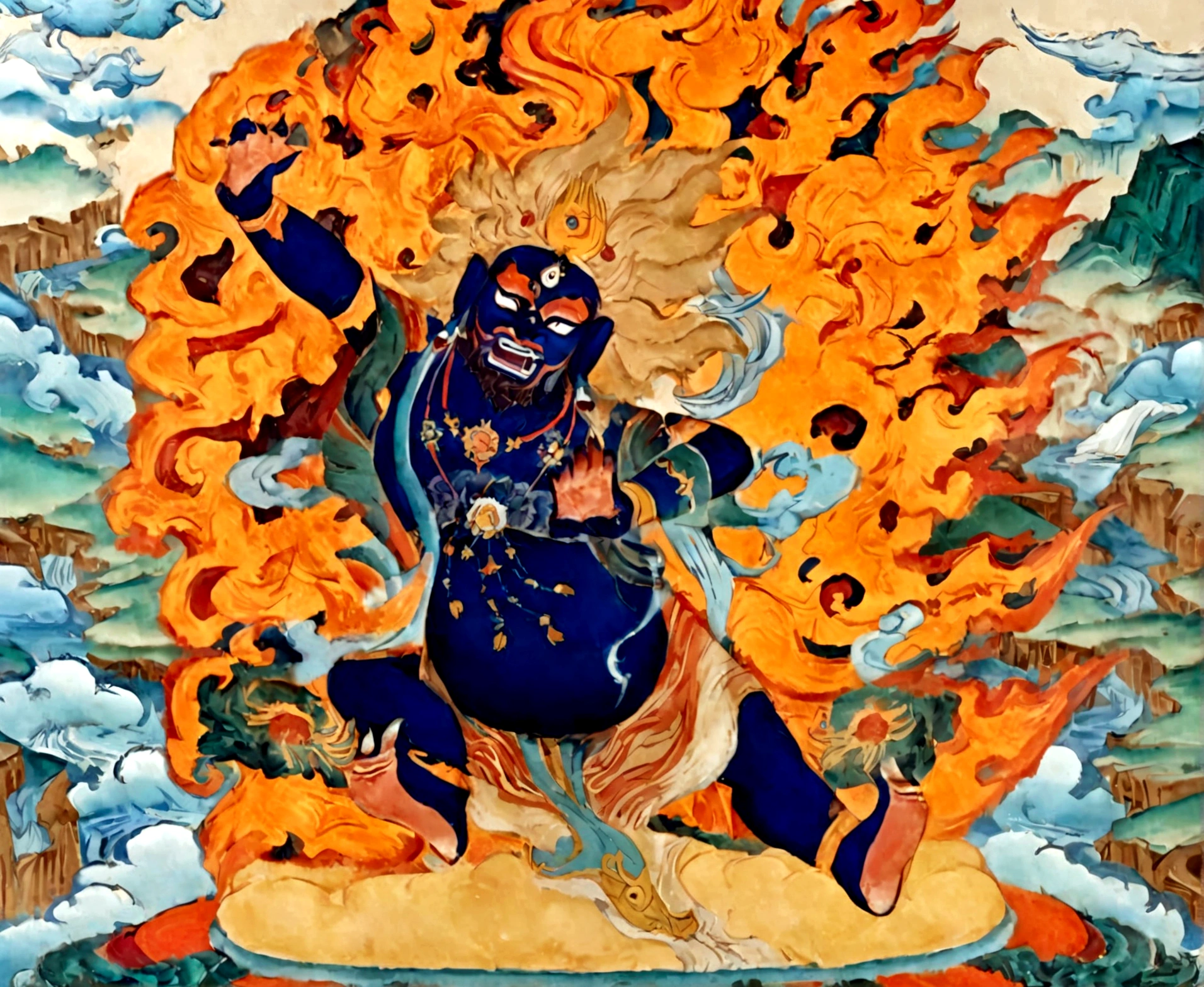 a painting of a man sitting on a cloud covered ground, thangka, tibetan painting, tibetan thangka, selk ´ nam god of the sun, asura from chinese myth, narasimha, naranbaatar ganbold, full color illustration, puṣkaracūḍa, attractive male deity