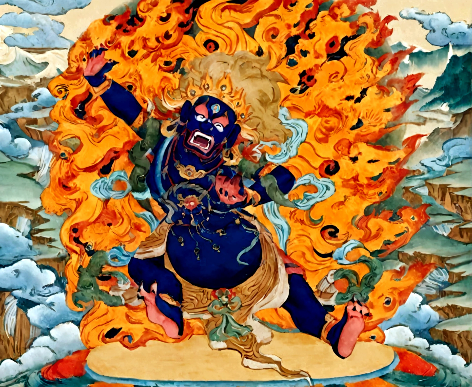 a painting of a man sitting on a cloud covered ground, thangka, tibetan painting, tibetan thangka, selk ´ nam god of the sun, asura from chinese myth, narasimha, naranbaatar ganbold, full color illustration, puṣkaracūḍa, attractive male deity