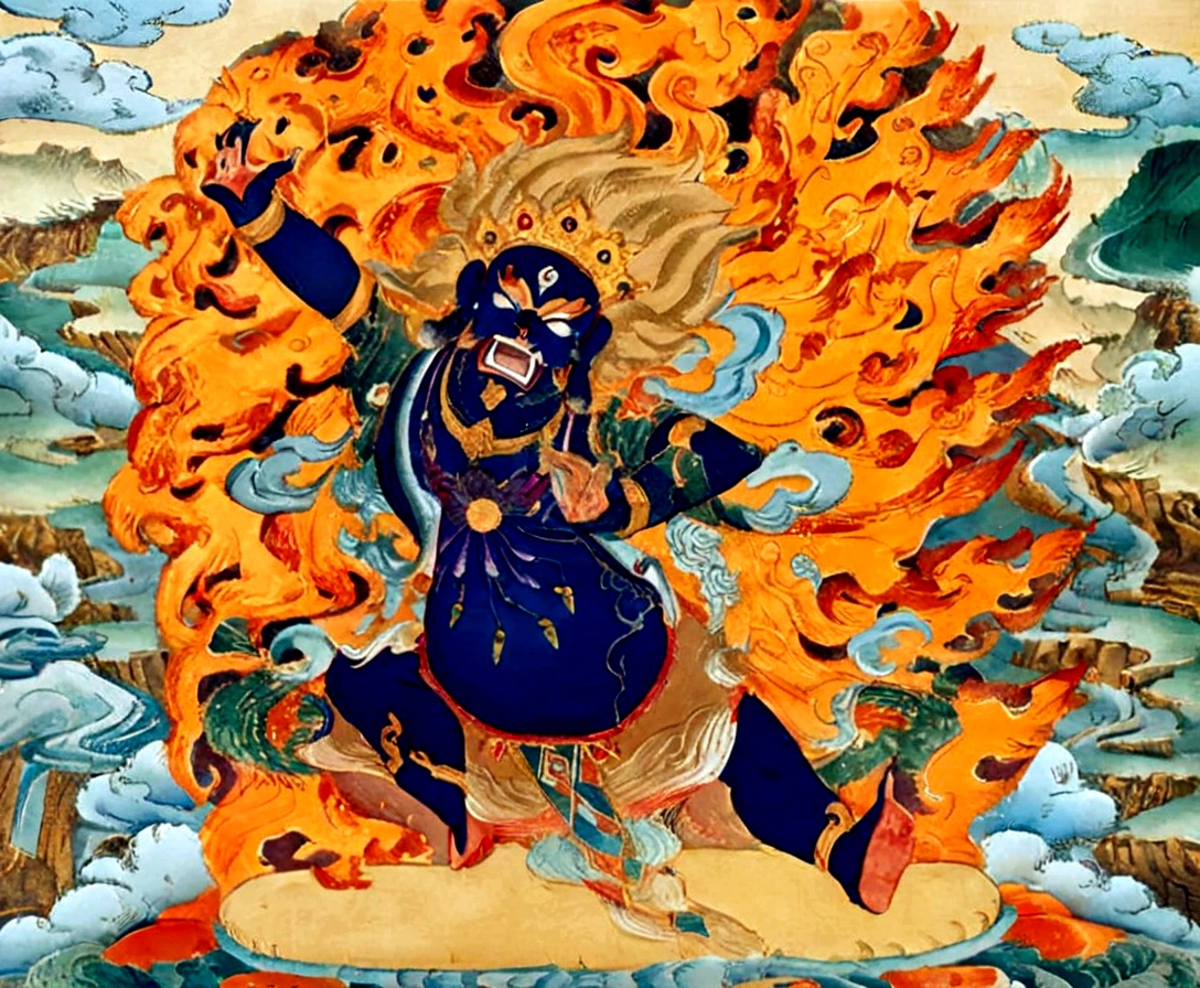 a painting of a man sitting on a cloud covered ground, thangka, tibetan painting, tibetan thangka, selk ´ nam god of the sun, asura from chinese myth, narasimha, naranbaatar ganbold, full color illustration, puṣkaracūḍa, attractive male deity