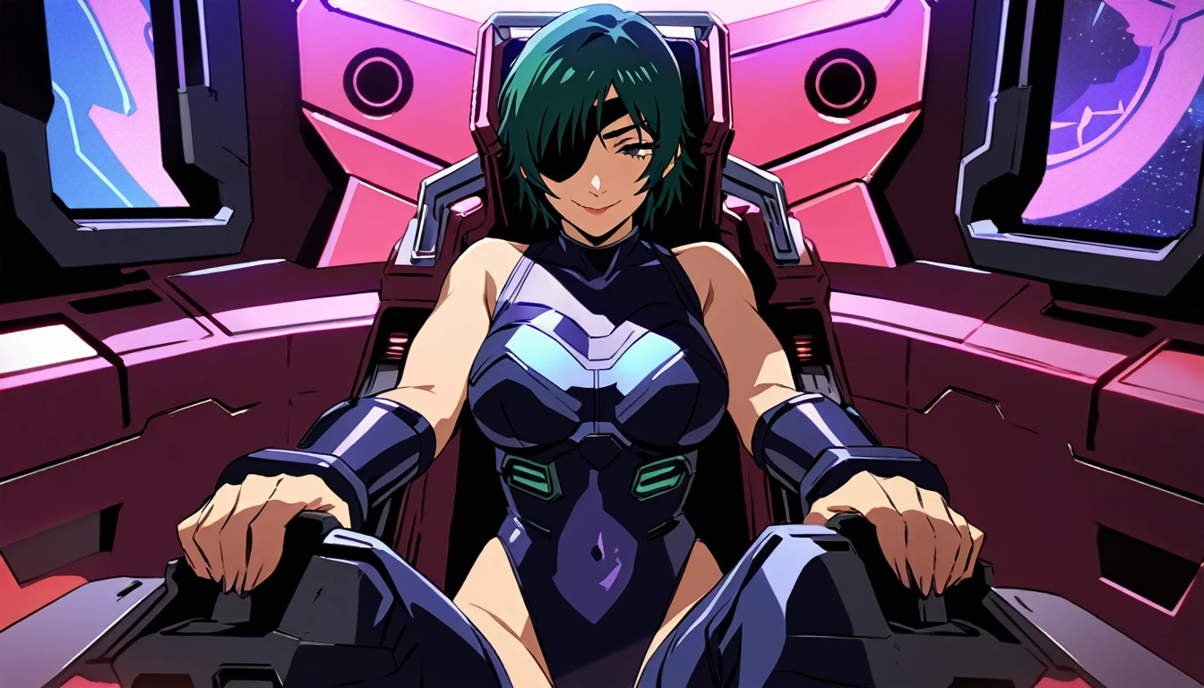 himeno, himeno(Chainsaw Man), solo, mature female, mature, Adult, eyepatch, looking down, seductive smile, evil grin, Villains, Octopus motif Cockpit, inside cockpit, piloting robot, red iron tentacle-like tubes, lever with octopus motif, gundamwingcockpit, joystick, seatbelt, sitting, latex purple leotard, purple headgear with extended tubes, Night, Dark, masterpiece, Top animation quality，Top image quality,