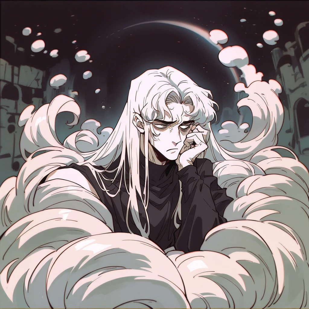 vintage, amazing details, Best quality, Motion Blur, surreal, Dreamy, very detailed, (Natural skin texture, soft light), (((Beautiful, high quality, a lot of details))), ((1 boy,)) Beautiful young boy, portrait, thin young man, Long white hair, pale skin, sad look, Painful face, Gloomy atmosphere, feeling of loneliness, black robe, looking into the camera