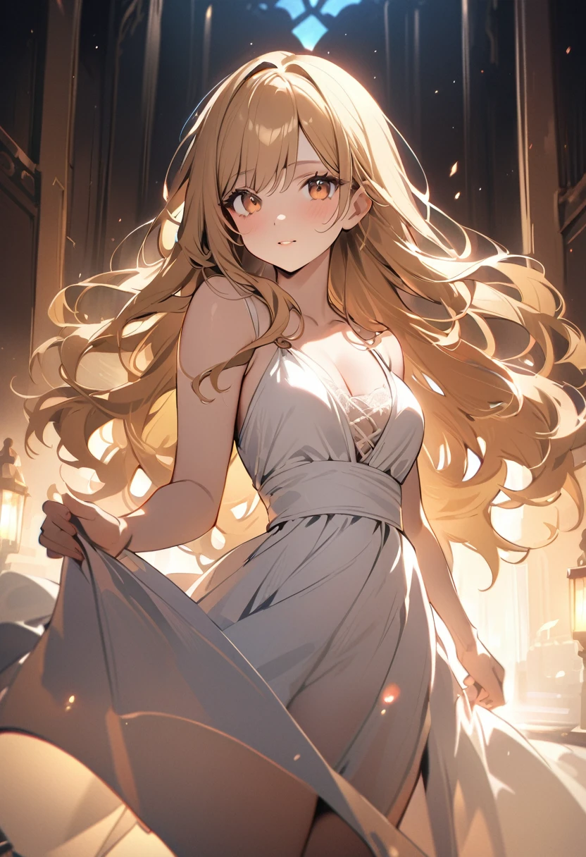 asuna,STAR, crown half up hairstyle,, Perfect female body, woman, seductive smile, large breasts, peach pink pupils, beautiful long dress, brown Clothes, dusk, dusk sky, sunset,Free Pose、Shoulder Off、Big Breasts、Cleavage exposure、Only one woman、Low - Angle