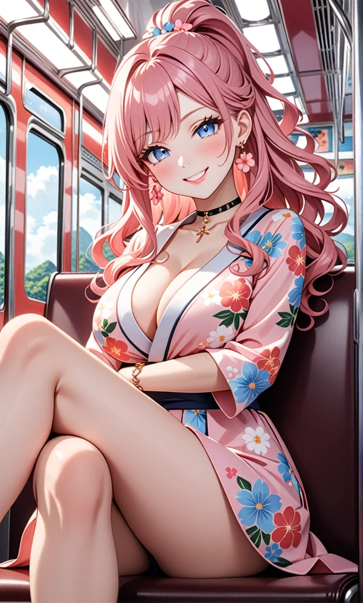 ultra-detailed, ((one girl)), (pale skin:1.3), in pastel colors gyaru, (heavy makeup), hyper detailed, absurdres, 8K, Beautiful Face, (Laugh shyly), ((teasing smile:1.8)), ((Wink:1.7)), (Laugh with your mouth wide open),((Tilt your head:1.6)), View your viewers, ((Bright red cheeks:1.6)),Glossy Red Lips, ((Big Breasts:1.5)), (show off breast), noon, on the train, (Brighten your face), ((Anime style background)),masterpiece, Highest quality, so beautiful,Latest, Complex details, (Pink long nails), (nail art), (ring),(bracelet), (Floral Choker),AI-generated, Complex,High resolution, Highest quality, super high quality,3D Images、3D Images,One person,Pastel pink long hair,(High Ponytail), (wavy hair:1.3), Pastel anime woman posing for a photo, ((Fine grain、blue eyes、glowing eyes:1.4)), (Squint your eyes:1.1),a hyperRealistic , hyperRealistic , Realistic,Anime woman with long pastel pink hair, Smooth anime CG art, A girl in a gorgeous pastel-colored kimono, ((Pastel-colored furisode)),(Pink large floral pattern) ,Long flower hair ornament,Floral Earrings,Mature Body, tall,Narrow waist, ((Sit in your seat:1.3)), ((Crossing your legs:1.7)), ((Shooting from below at an angle:1.2)),