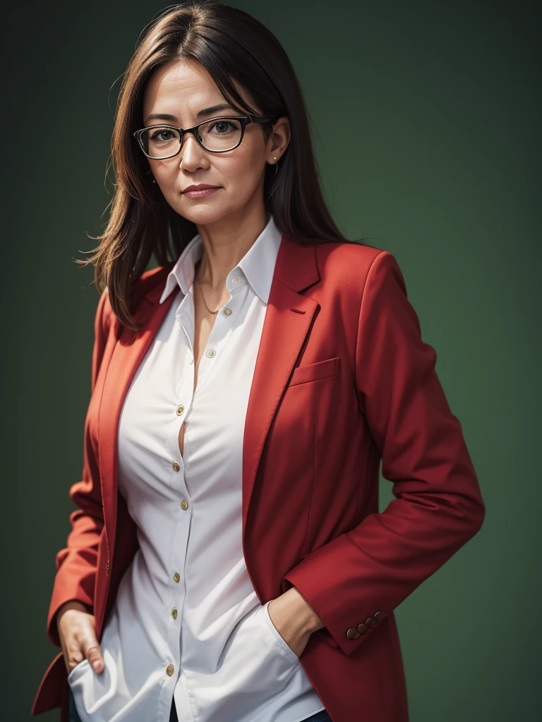 
Photorealistic business portrait of a middle-aged woman. Photo taken with a Canon R6 camera and a 50mm 1.2 lens. The main octa light comes from the upper right corner. The background is green, she is wearing a red jacket and a white shirt