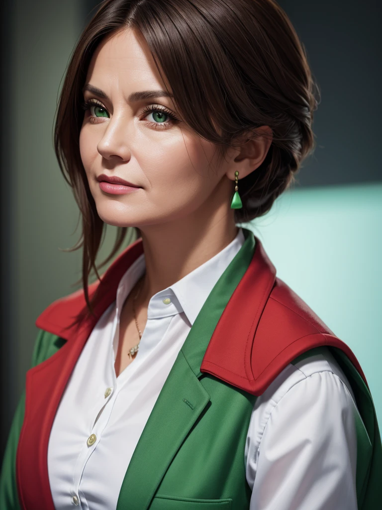 Photorealistic business portrait of a middle-aged woman. Photo taken with a Canon R6 camera and a 50mm 1.2 lens. The main octa light comes from the upper right corner. The background is green, she is wearing a red jacket and a white shirt