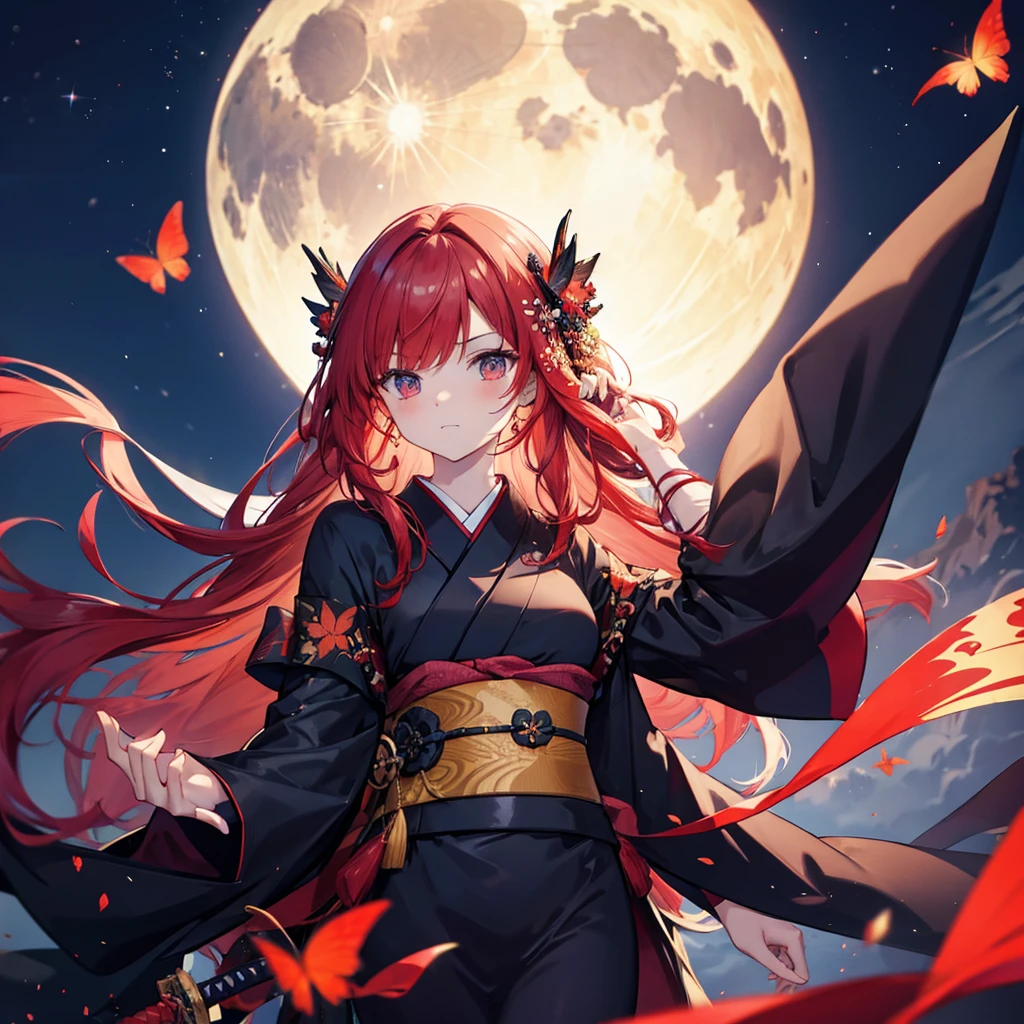 ((((Grasp the sword 1 person)))) (((Redhead Long Hair Black kimono red band Goddess of victory))) ((Red butterfly night Japanese style shoulder old)) (moon star autumn) Shining Edge Shining Background