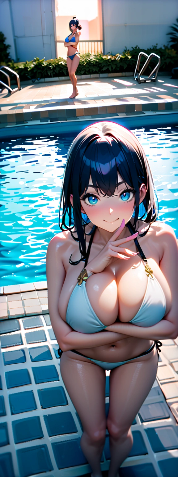 ((Highest quality、、masterpiece:1.3)), Upper Body、Long legs、Sharp focus:1.2, Beautiful woman with perfect figure:1.4、((Big Breasts:1.2)), (Smiling:1.2), double eyelid、30-year-old female、Sexy pose、((((bikini、Poolside、The pool in question))))、Blue Eyes,(((Close your mouth、Standing posture)))、One Woman、