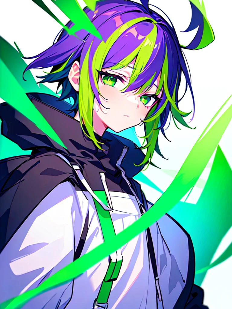 [(WHITE BACKGROUND:1.5),::5], ((((masterpiece)))), high quality, ultra very high resolution, full color, (((solo))), ((little boy)), Purple hair, ((Green streaked hair)), (Green eyes), anime, ((upper body)), neon light, black parka, 