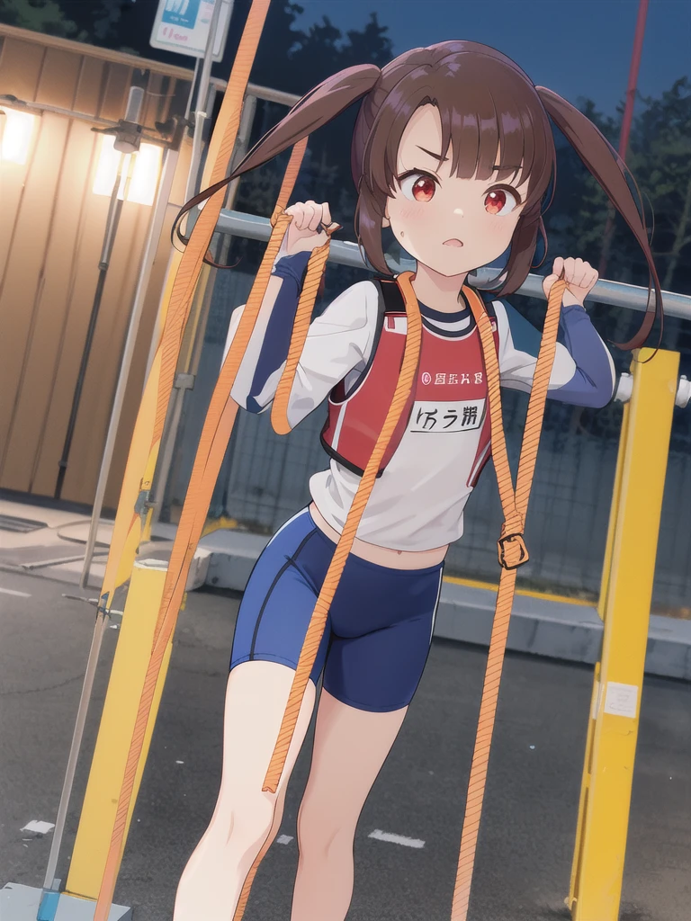 1 girl, ((dull bangs)), brown hair, brown eyes, low twintails, ((She wears a silver star hairpin in her right bangs.)), Gym suit, whole body, red buruma, smile, running, (from below:1.4), (spoken heart:1.2), by the river, (alone), table top, super detailed, highest quality,