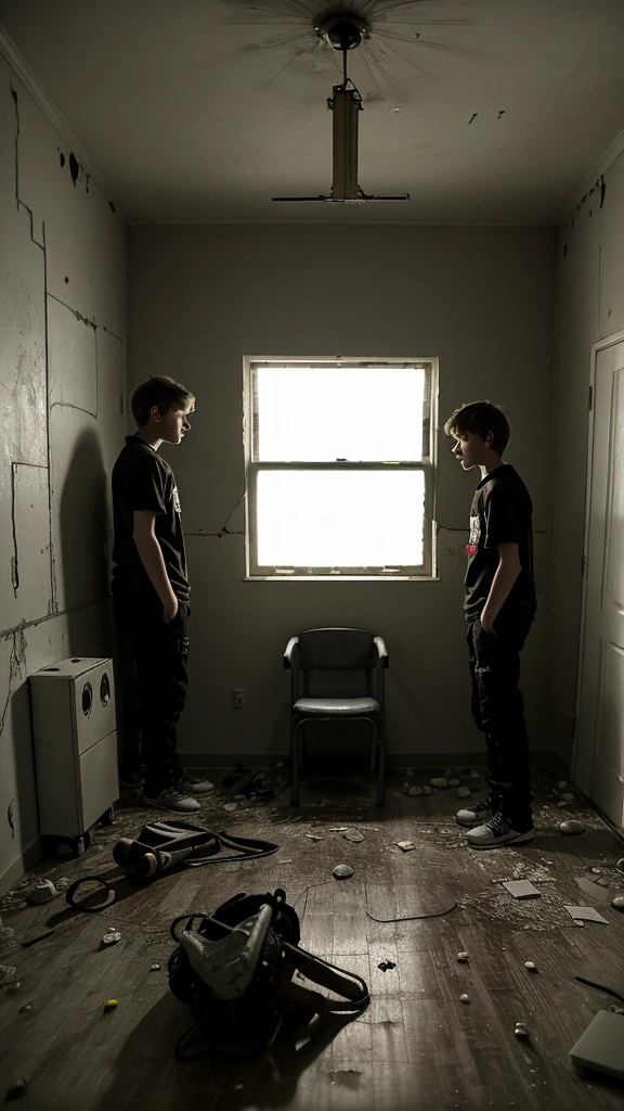 2 age boys are in a room . The room is abandoned and creepy . In night