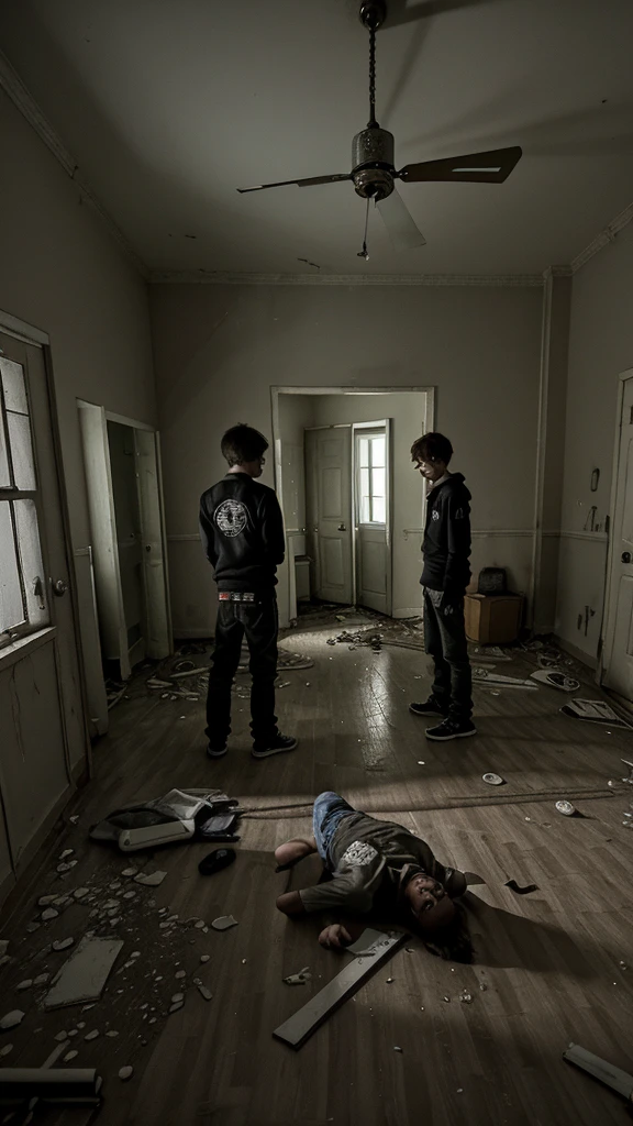 2 teenage boys are in a room . The room is abandoned and creepy . In night
