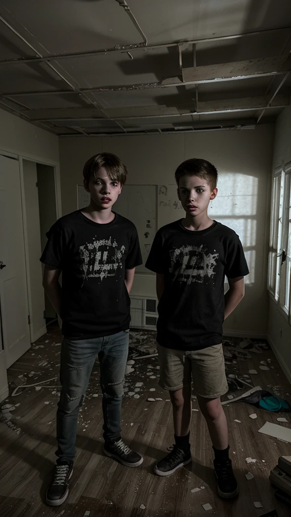 2 age boys are in a room . The room is abandoned and creepy . In night