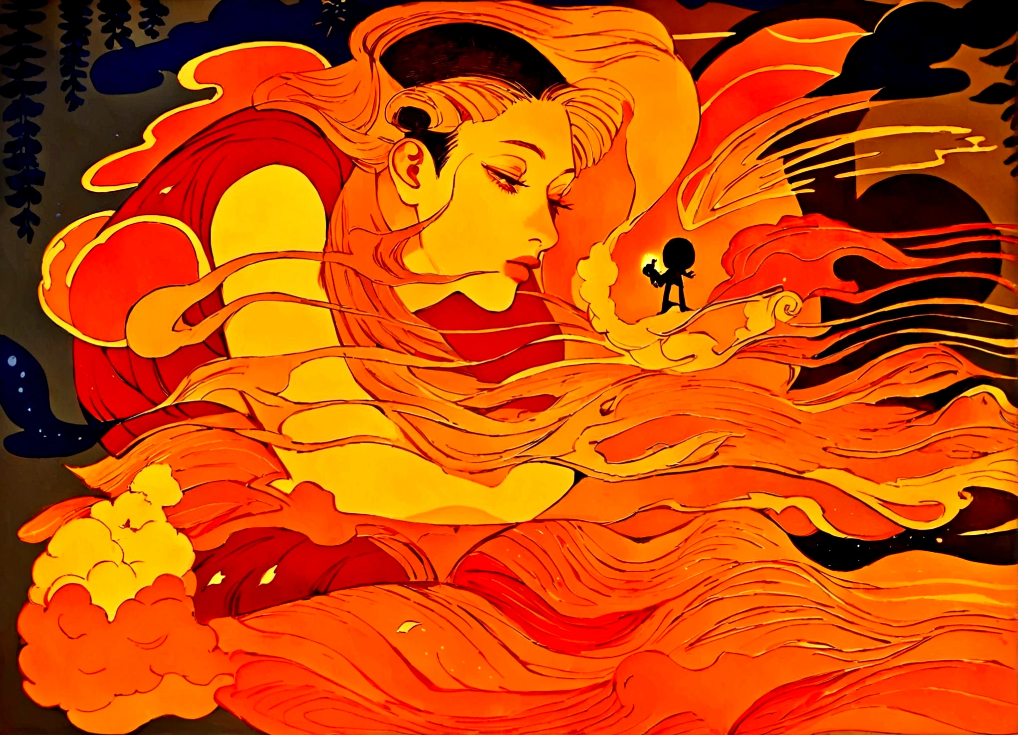 painting of a man with a fire breathing body and a fireball, botticelli and victo ngai, james jean and victo ngai, victo ngai style, victo ngai and tristan eaton, inspired by Victo Ngai, ( ( victo ngai ) ), by Victo Ngai, victo ngai! muted colors